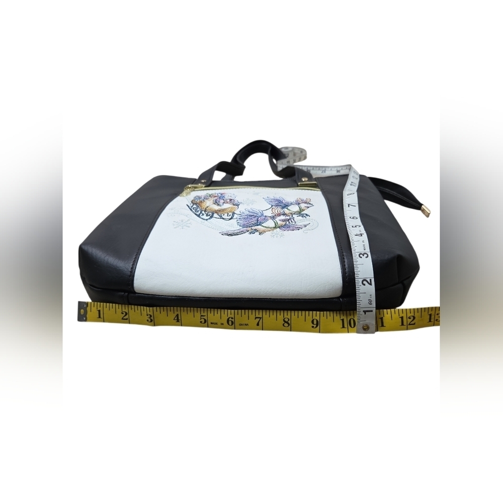 Whimsical Embroidered Christmase Tote Chickadees, Clogs & Sleigh Faux Leather - Picture 14 of 16